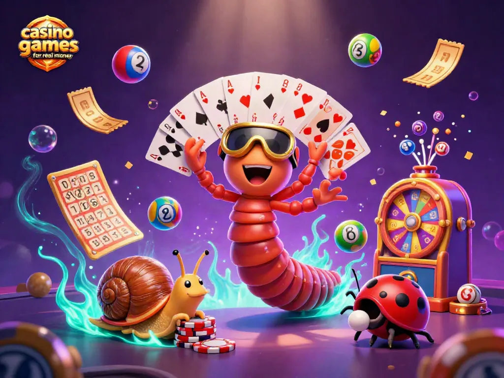 Engage with casino games for real money in a vibrant 3D scene filled with animated characters and dynamic gaming elements.