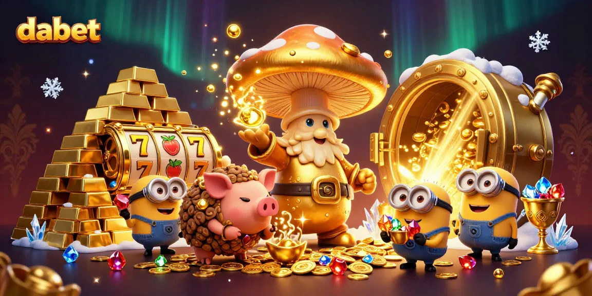 dabet's magical casino scene showcasing a golden mushroom wizard, treasure-filled slots, and sparkling jewels.
