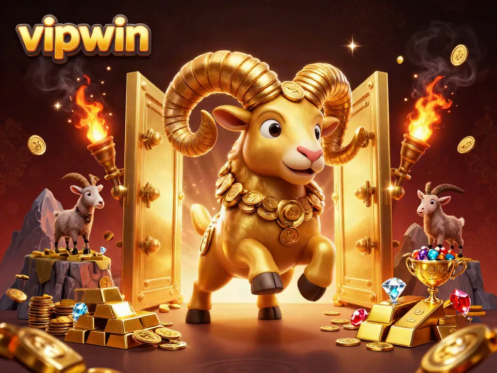 Engage in thrilling gaming adventures at vipwin, featuring a golden ram charging through a treasure-filled gate.