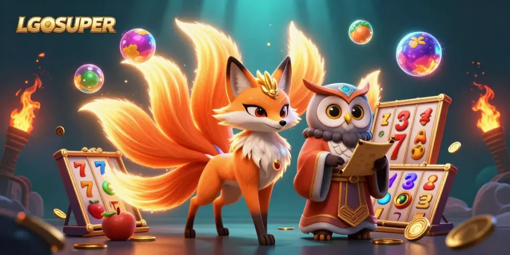 Win big with LGOSUPER as the nine-tailed fox spirit glows with vibrant tails amidst a dynamic slot-themed illustration.