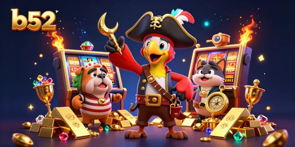 The b52 gaming scene features a pirate captain and friends surrounded by slot reels and treasures, showcasing excitement.