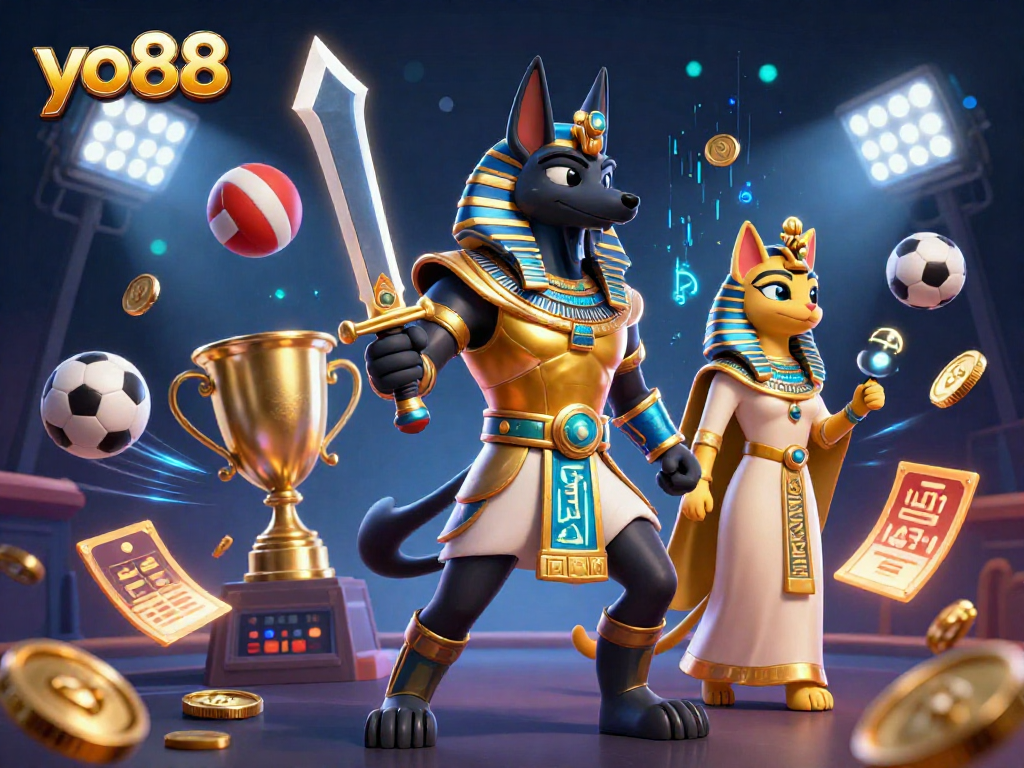 Experience thrilling action and excitement at yo88 with Anubis and Bastet in a dazzling casino scene.