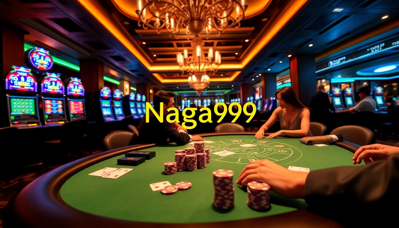 Naga99 players enjoying an exciting game at a luxurious casino with vibrant slot machines and poker tables.