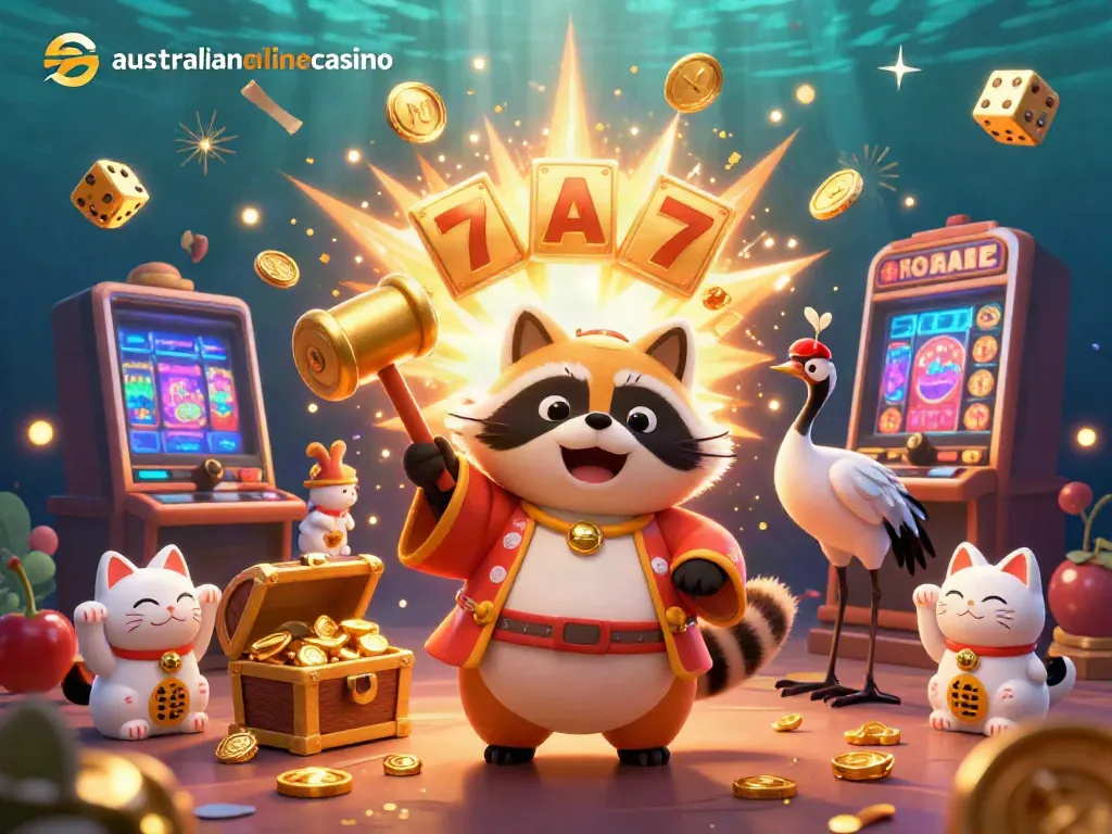Experience the thrill at australianonlinecasino with a lively scene featuring a cheerful tanuki and colorful fortune cats amidst a jackpot explosion.