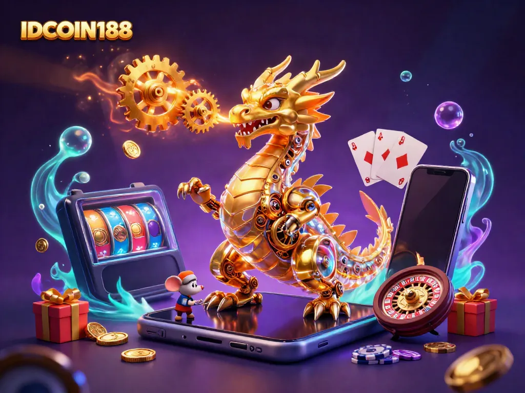 Engage in unforgettable gaming experiences at IDCOIN188, witnessing a golden dragon amidst slot games and vibrant casino elements.