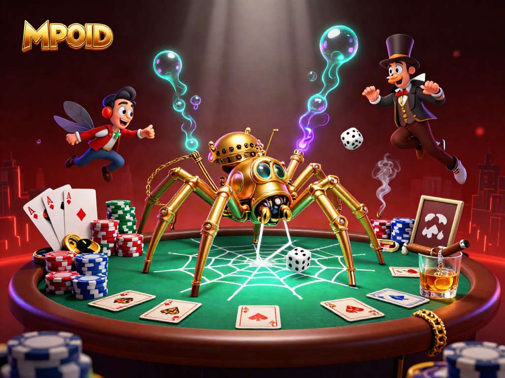 MPOID showcases an intricate steampunk-inspired casino scene with poker elements and vibrant colors.