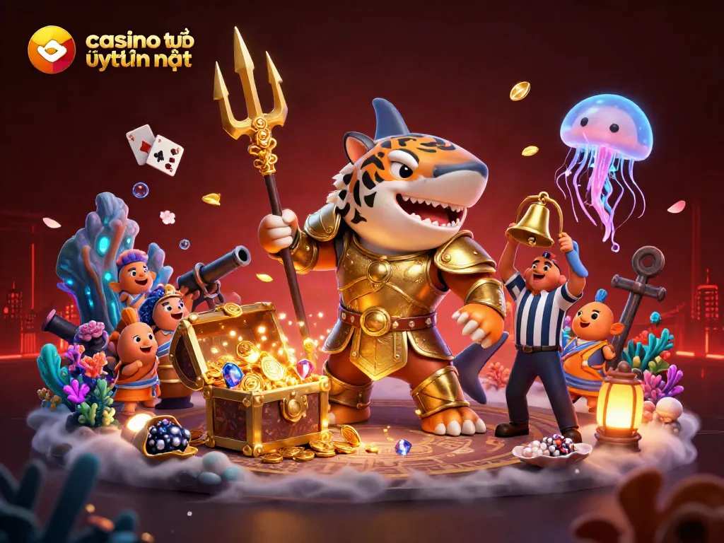 Hình minh họa cho casino trực tuyến uy tín nhất với cá mập 3D trong trang phục gladiator và kho báu dưới nước.