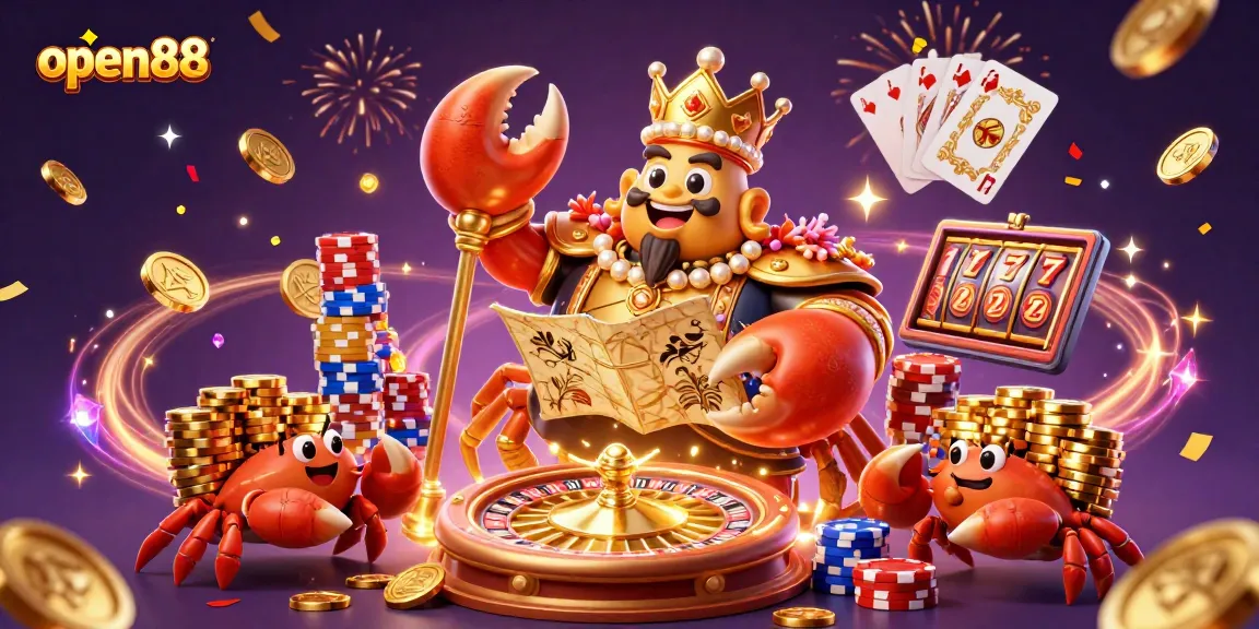 Join open88 in winning casino adventures with an exhilarating 3D illustration featuring a golden crab and gaming elements.