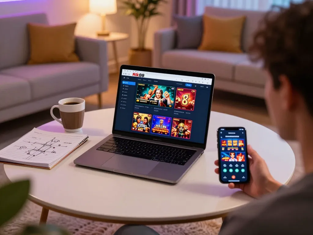 Engaging online gaming session showcasing rik88 media interface with lively gameplay and comfortable setting.