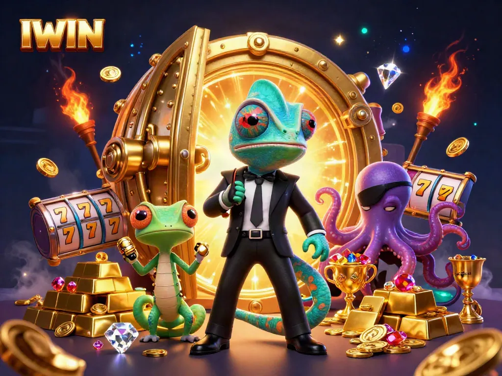IWIN showcases thrilling slot games with colorful cartoon characters in a vibrant casino backdrop.