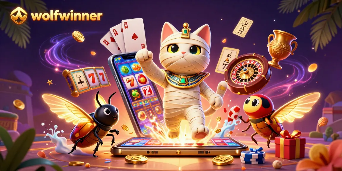 wolfwinner casino scene featuring a mummy cat, slot game phone, and glowing elements for gamblers.