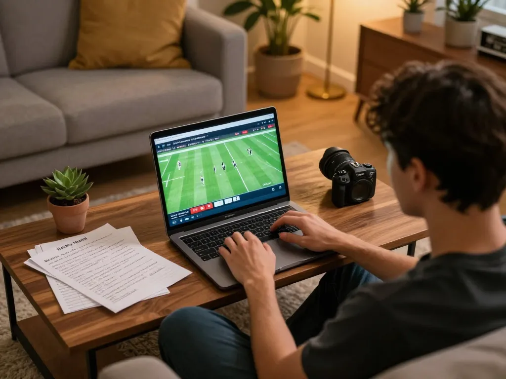 Placing bets on kèo nhà cái via laptop in a cozy home environment with strategic notes