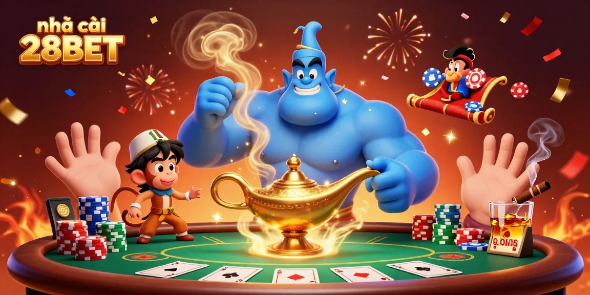 Experience the vibrant world of gambling at nhà cái 28BET with magical casino characters and poker elements.