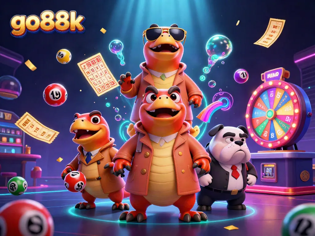 Engage with go88k as raptors humorously attempt entry into a VIP casino lounge amid vibrant lottery elements.