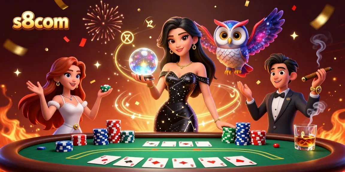Experience thrilling gaming at s8com with a stunning woman, owl, and poker elements.