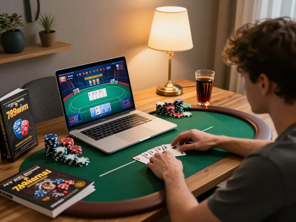 Engaged player enjoying poker on 789wincom with chips and strategy notes at home.