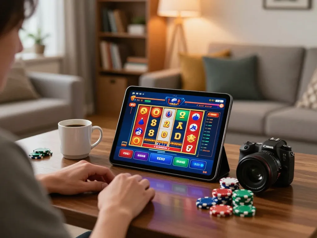 Using a tablet for online gambling at home with the TG88 gaming interface and colorful slot reels.