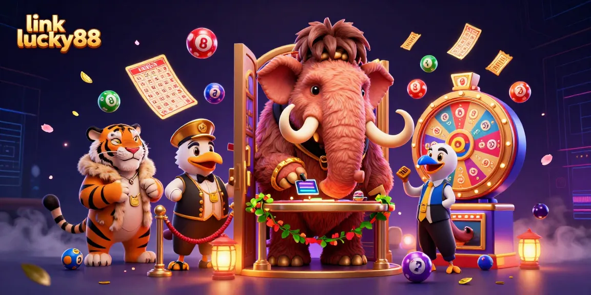 Engage with link lucky88 in this dynamic illustration featuring a woolly mammoth bouncer and vibrant lottery elements.