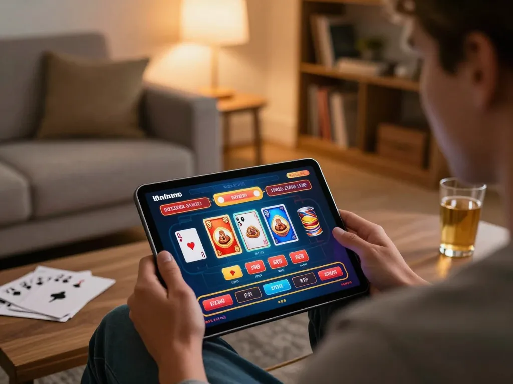 A player enjoying tr88 on a tablet shows vibrant casino graphics in a cozy home setting.