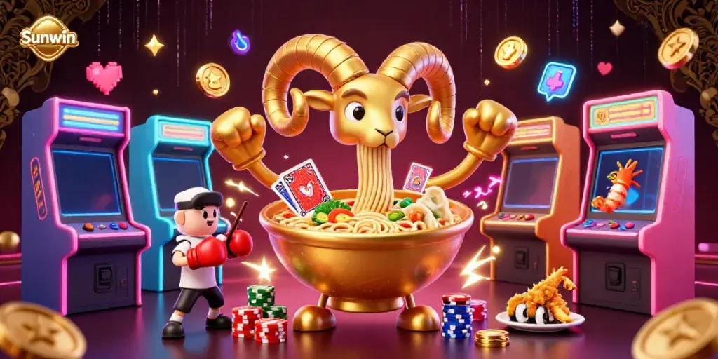 Experience the thrill of Sunwin with a vivid 3D casino illustration featuring animated characters and game elements.