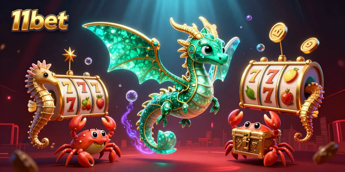 Experience 11bet's thrilling world of gaming with a vibrant casino illustration showcasing slot reels and sea creatures.