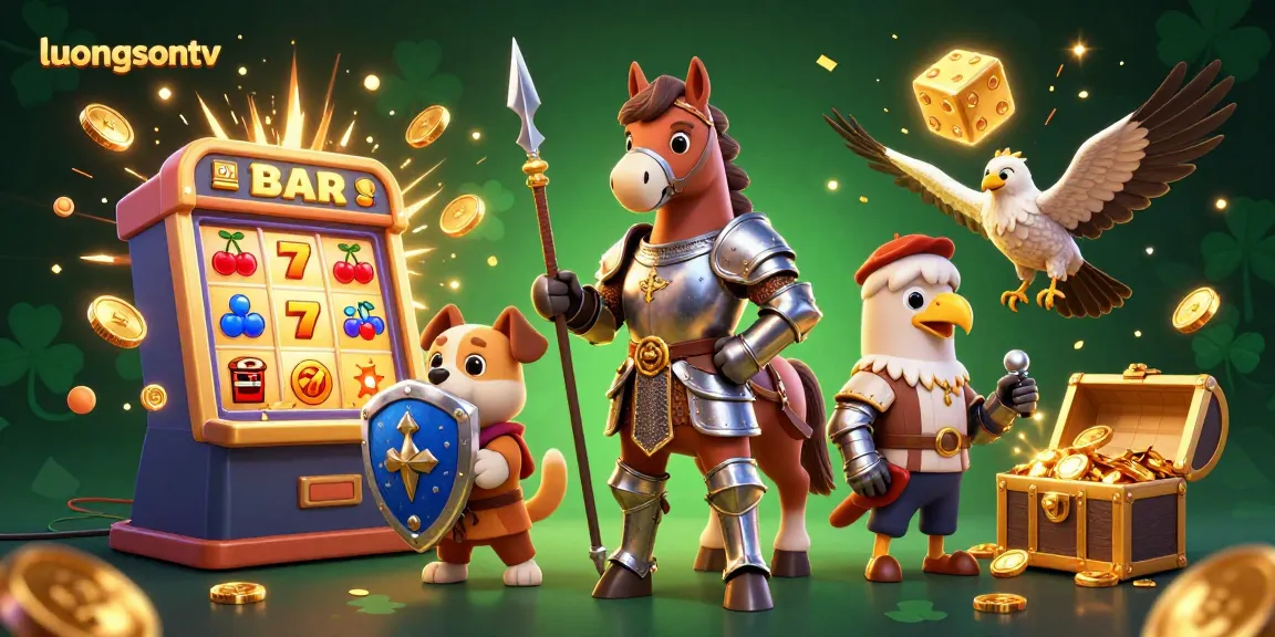Experience epic gambling action at luongsontv with a vivid scene showcasing a knight, squire, and falcon amidst dazzling casino elements.