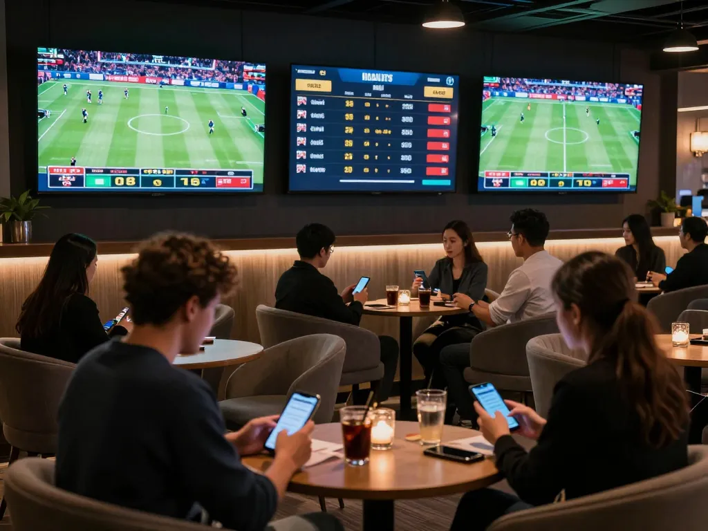 79king patrons placing bets with excitement in a vibrant sports betting lounge