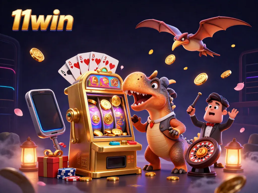 11win jackpot experience with a pachycephalosaurus, casino manager, and flying coins in a vibrant scene