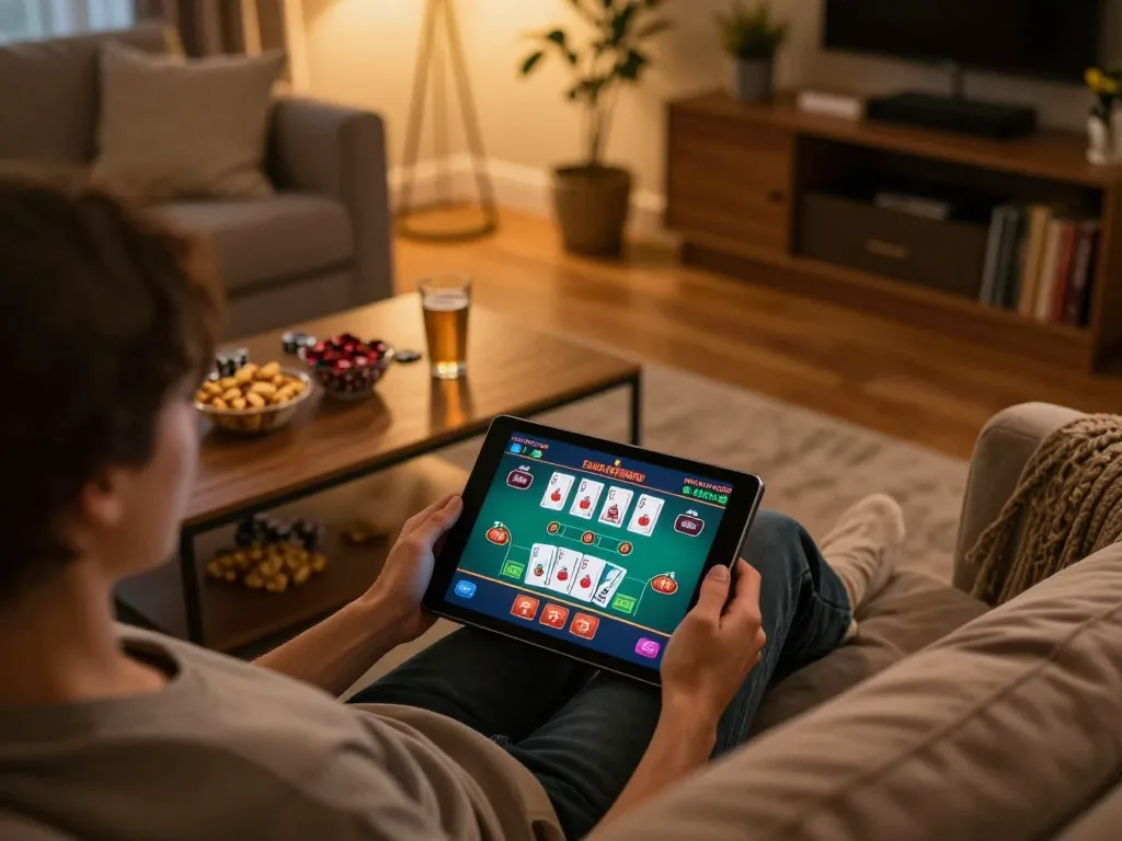 Engaged in live casino gameplay at home using a tablet, showcasing 789win excitement and entertainment.