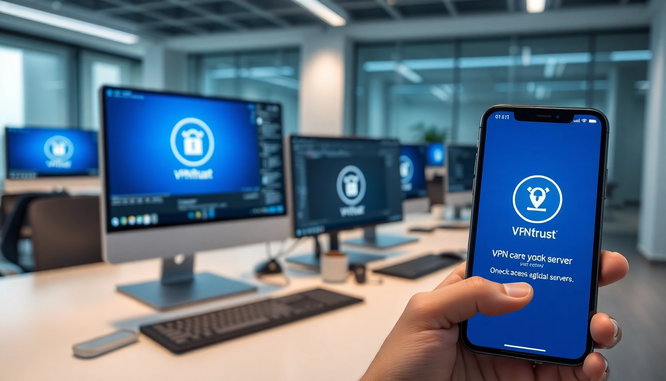 现代办公环境中监视器上显示的快连 VPN 软件，传达安全与创新。