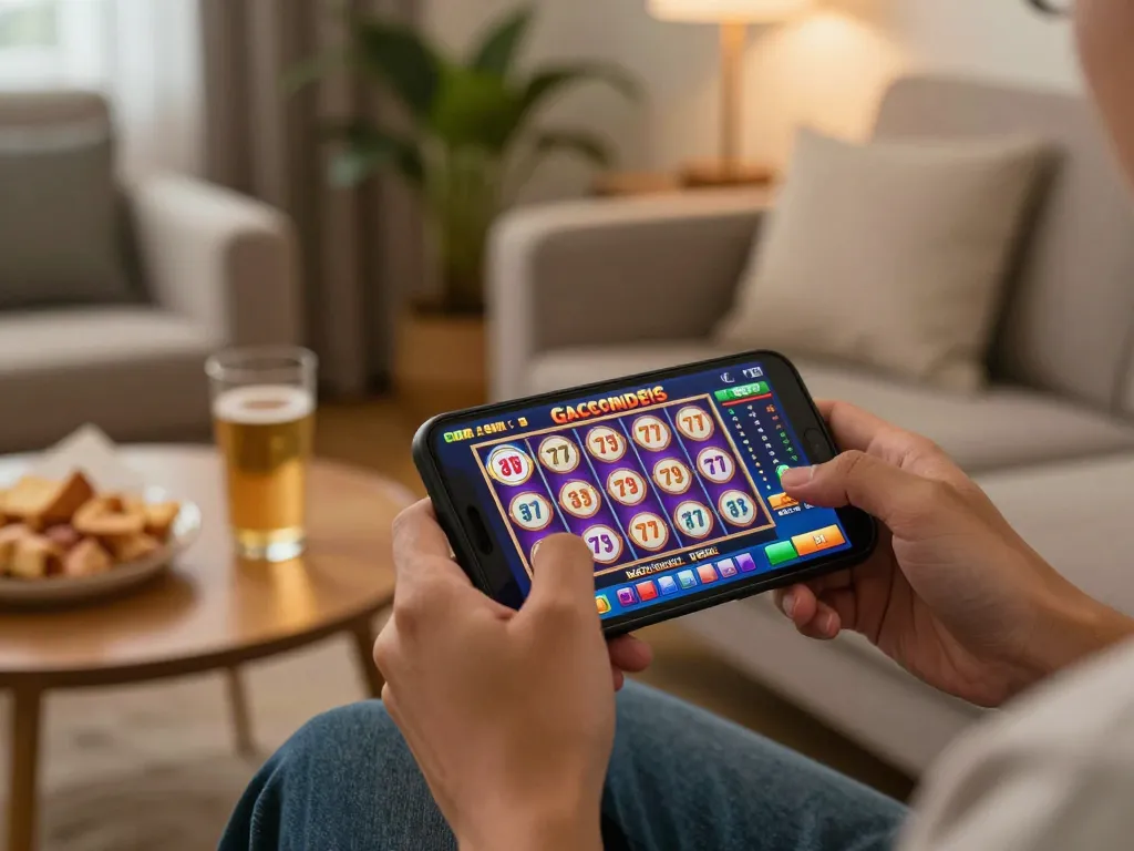 Experience thrilling gameplay with slot gacor 777 on a smartphone, capturing excitement and strategy in a cozy home market setting.