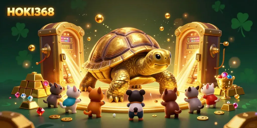 Experience exciting gameplay with HOKI368 in this vibrant casino-themed illustration featuring a golden tortoise and treasures.