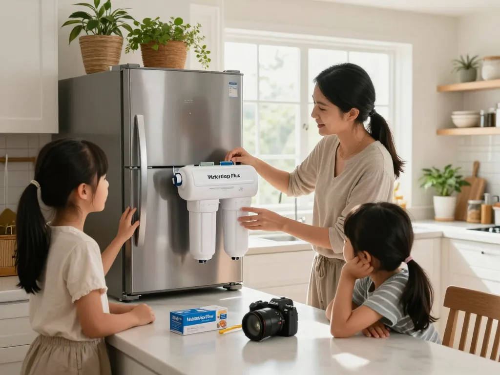 Family learning how to replace the Waterdrop Plus DA29-00003G NSF 401 Refrigerator Water Filter in a sunny kitchen.