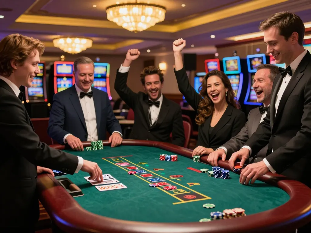 Rokok 88 players celebrating a blackjack win with colorful chips at a vibrant casino table.