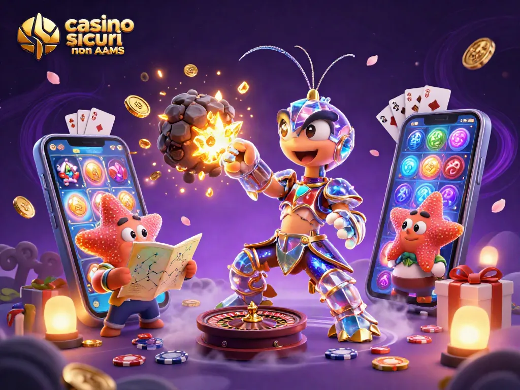 Giocatori si divertono con i casinò sicuri non AAMS tra gemme d'oro e slot colorate.