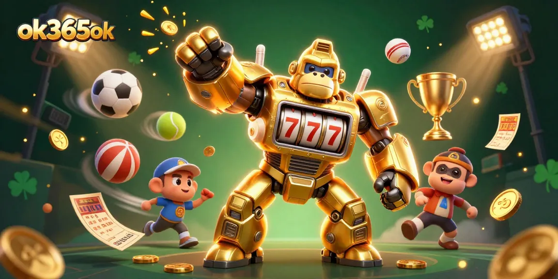 Engage in the thrilling world of ok365ok with a dynamic 3D representation of a golden gorilla mech surrounded by sports elements.