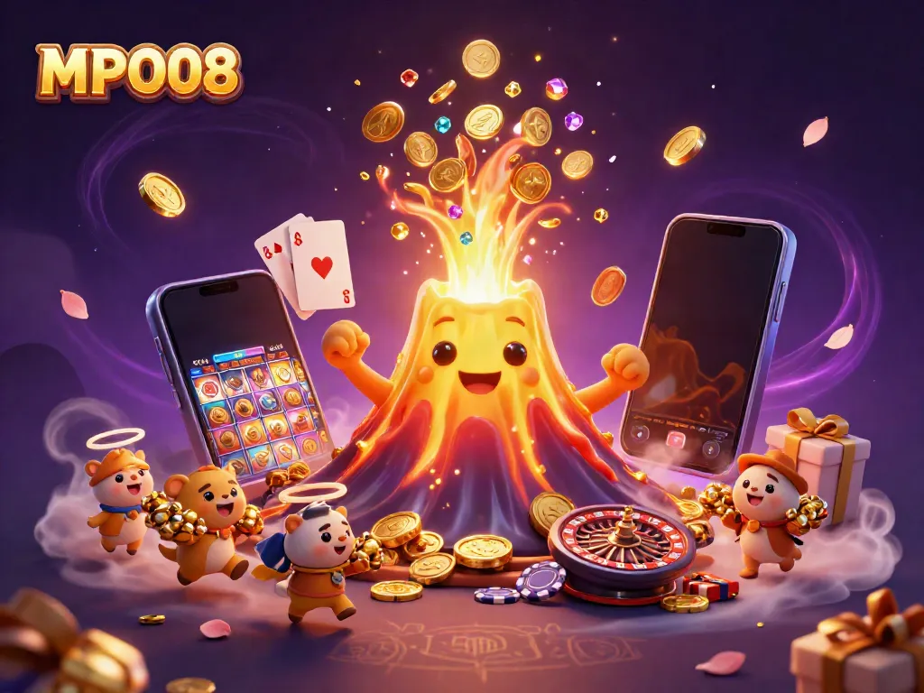 MPO08-themed illustration showcases a gold volcano erupting treasures, with vibrant slot game elements and explorer animals.