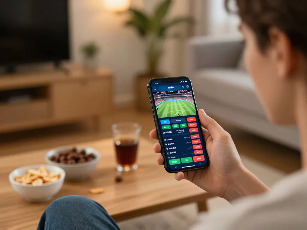 Bet on sports via https://f8bet.dental/ as a person engages with an online betting app, highlighting strategic gameplay.