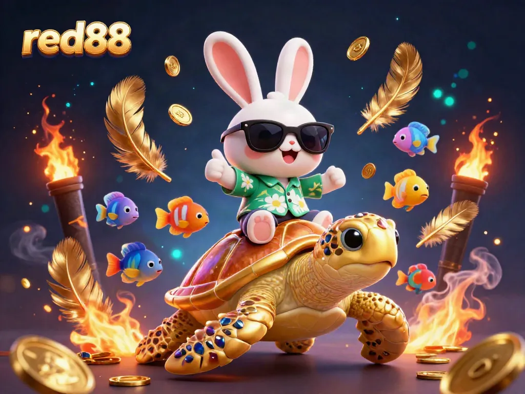 Engage in thrilling games with red88, featuring a lucky rabbit and a golden turtle amidst colorful casino elements.