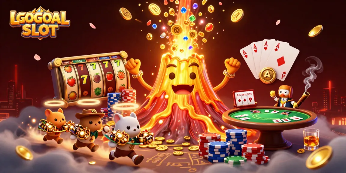 Engage with LGOGOAL SLOT's thrilling gameplay featuring gold volcano, treasure, and poker elements in vibrant scenes.