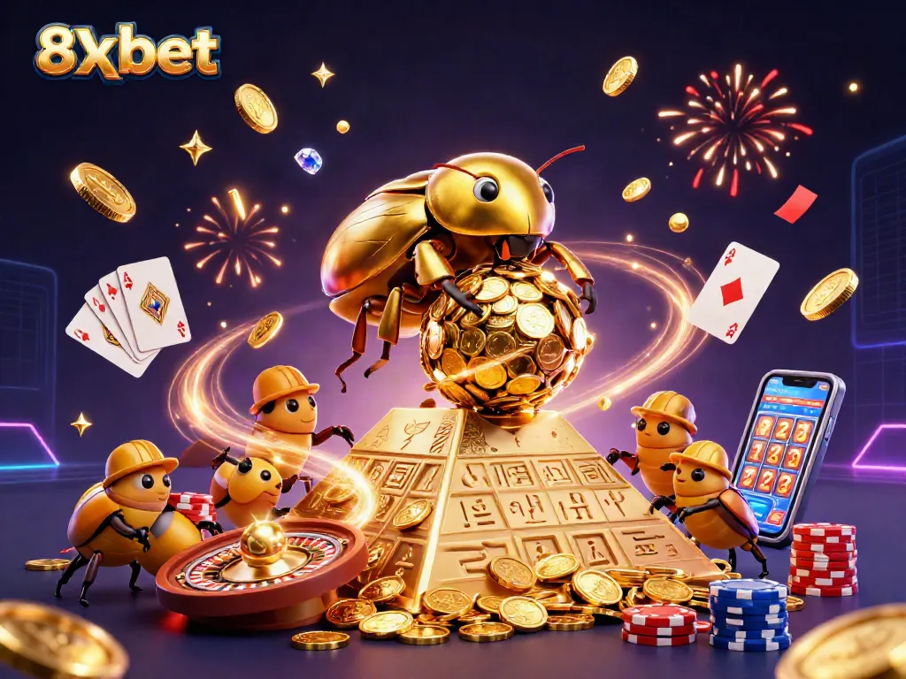 Experience thrilling action at 8xbet with golden coins and casino symbols in a vibrant 3D illustration.