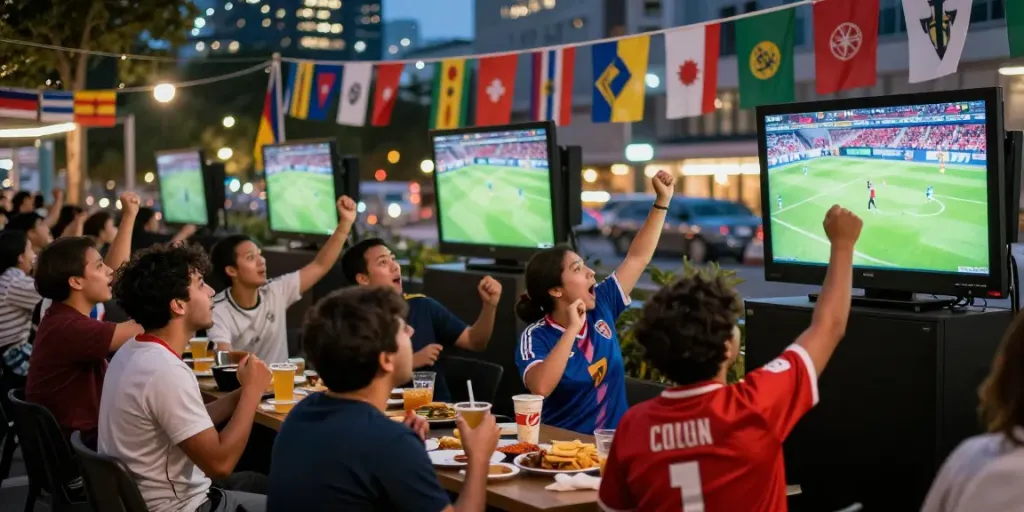 Fans enjoying a lively football match viewing at https://thapcamtvlive.live/ with vibrant celebrations and excitement.