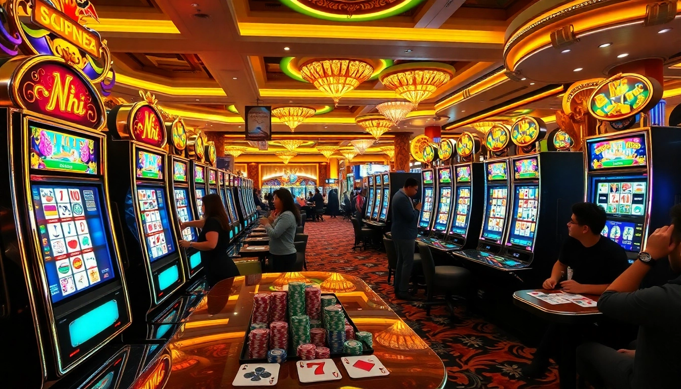 Engaging players competing on Nổ hũ slot machines in a vibrant casino setting.