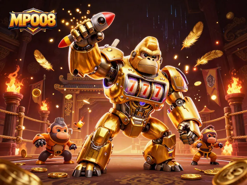 MPO08's dynamic golden gorilla mech bursting with coins amidst a vibrant casino-themed scene.