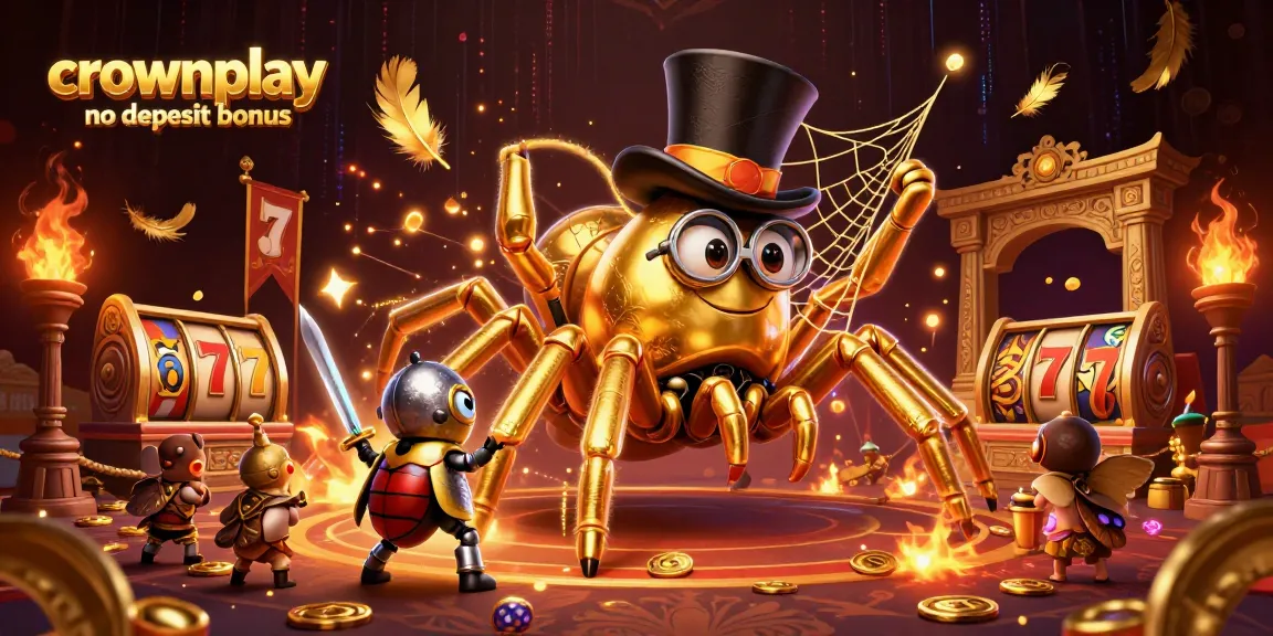 Experience the crownplay no deposit bonus with a dynamic casino-themed 3D illustration featuring exciting characters and elements.
