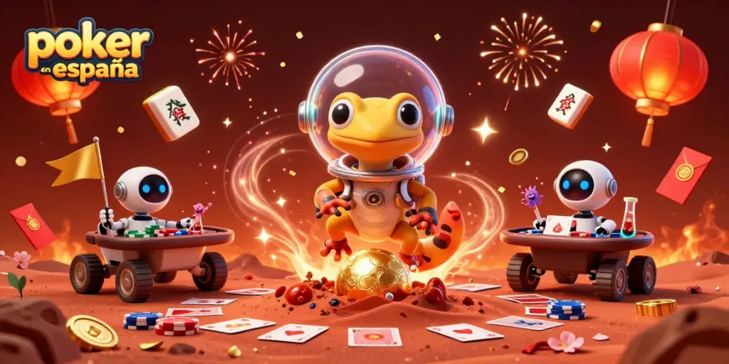 Disfruta del poker online en España con esta ilustración 3D de un gecko marciano en un casino dorado