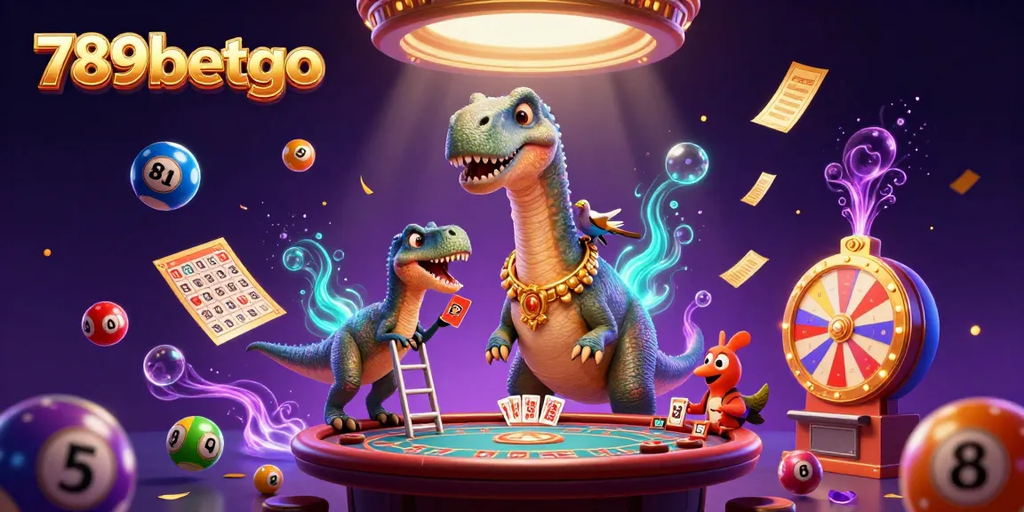 Experience the excitement at 789betgo with a lively illustration featuring a towering dinosaur and vibrant lottery elements.