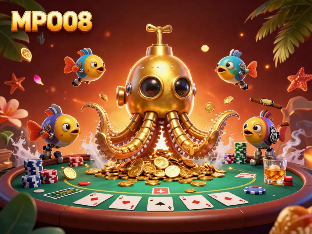 Experience excitement with MPO08 in a vibrant casino scene featuring a kraken and poker elements.