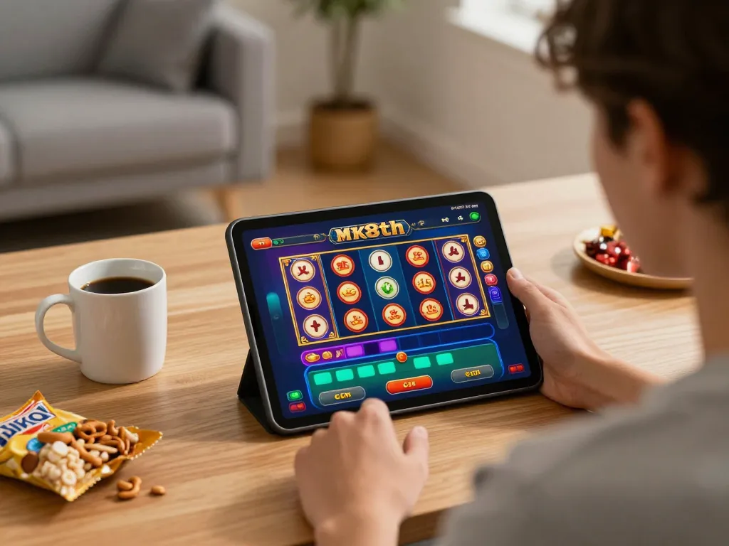 Player enjoying exciting games on mk8th casino app in a stylish home office setting.