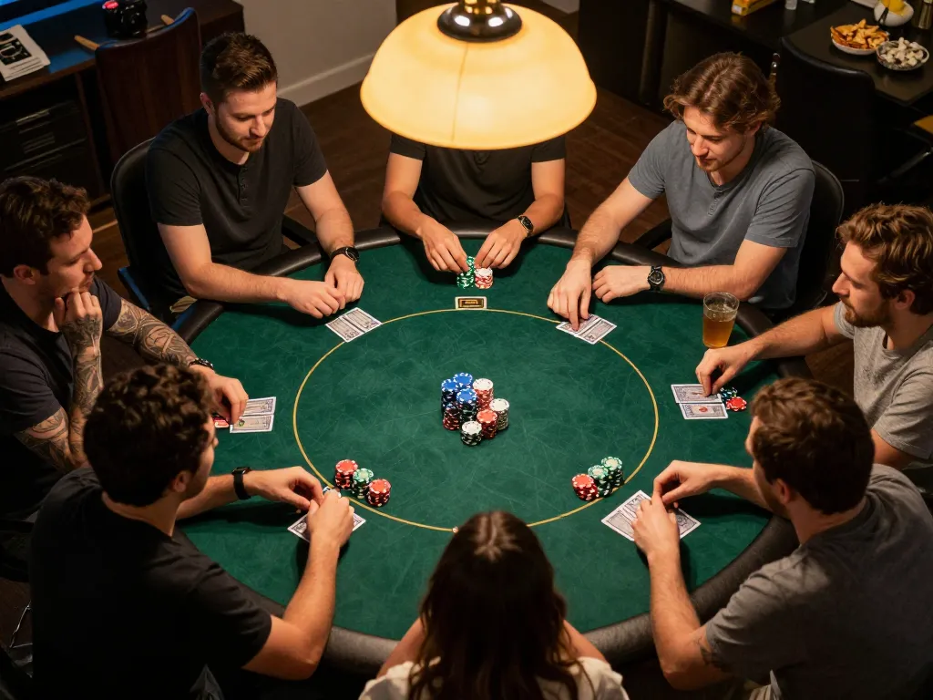 Engaged friends playing poker at home, showcasing hi88com strategies and social gambling atmosphere.